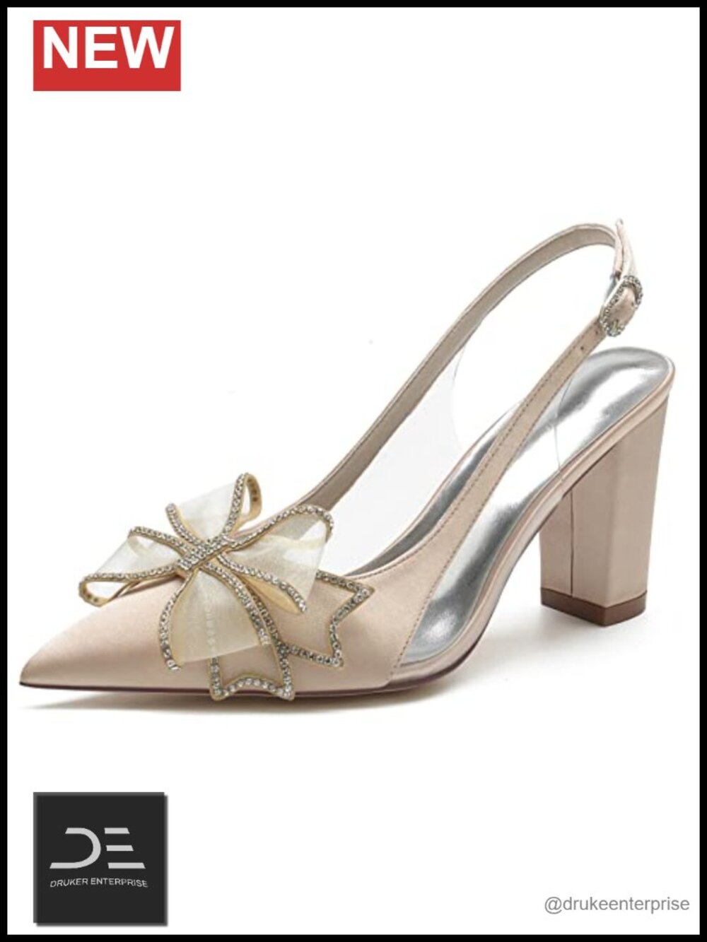 Women's Pointed Toe Satin Wedding Shoes Block Heels Slingback Ankle Strap